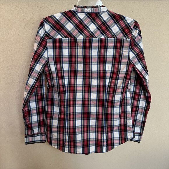 J CREW Small Red Tartan Plaid Button Down Blouse Ruffed Mock Neck - Picture 5 of 8